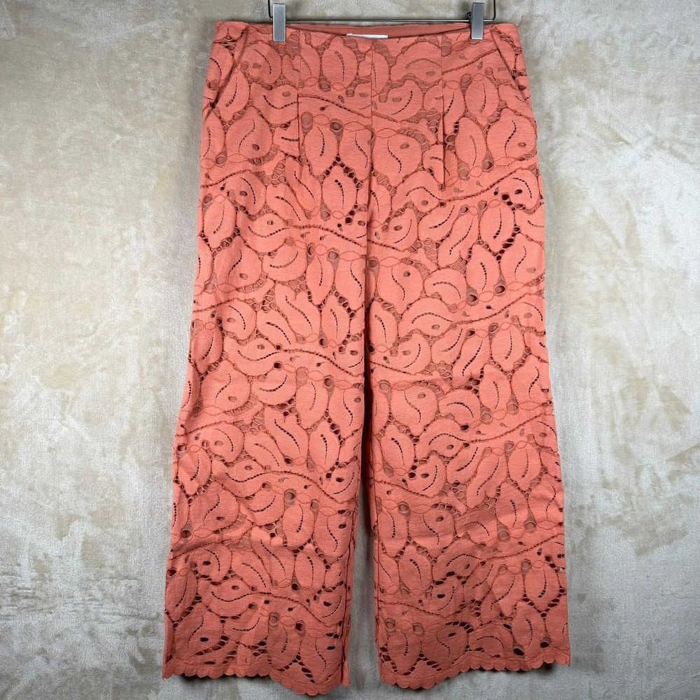 Anthropologie NWT Dolly Lace‎ Wide Leg Crop Pants Peach 12 High Rise Scalloped